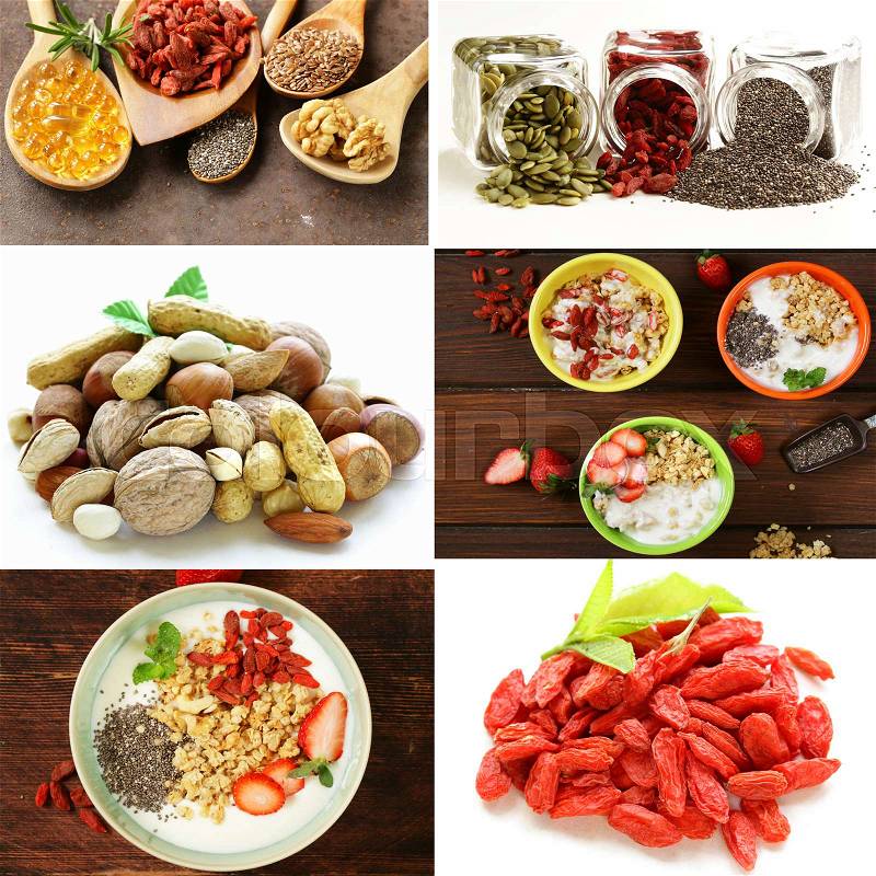Collage set super food - goji berries, chia seeds with vegetables, fruits and herbs, stock photo