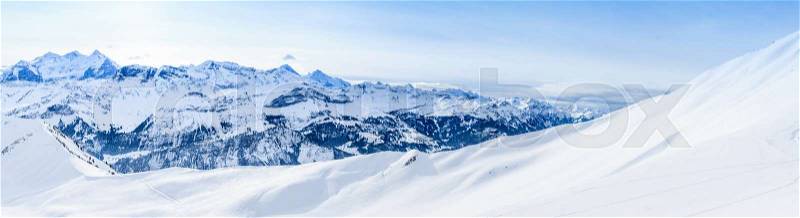 Panorama of Snow Mountain. Winter high mountains panorama, stock photo