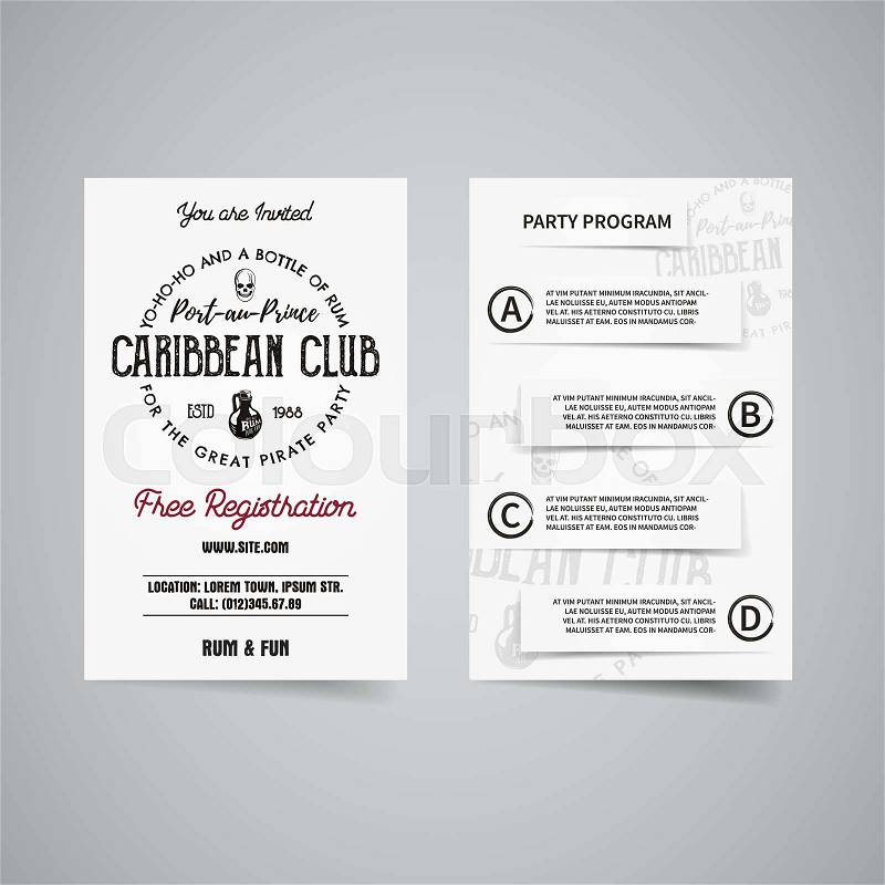 Caribbean party back and front flyer template design. Invitation template. Rum label brand identity letterhead. Party Poster and brochure with typography and emblem, logo template. Vector, vector