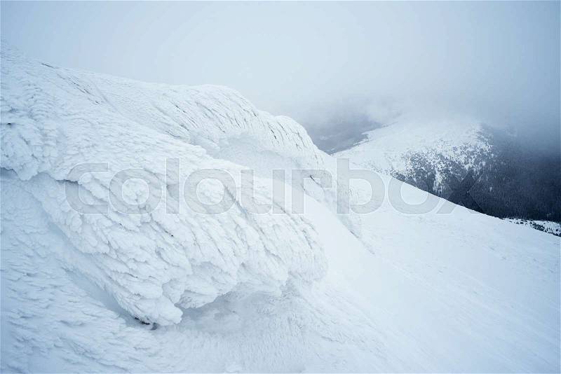 Hoarfrost on a rock in the mountains. Winter landscape a cloudy day. Severe weather, stock photo