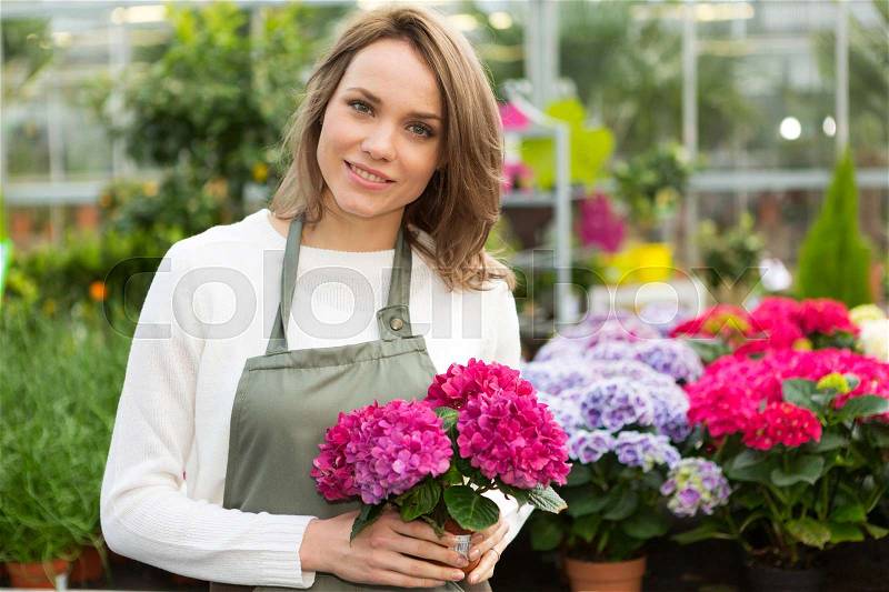 View of a Young attractive woman working at the plants nursery, stock photo
