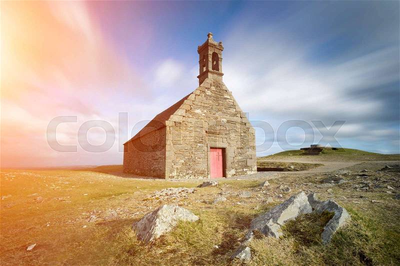View of the Chapel Saint Michel on the Mont d\'Arrée, Brittany, France, stock photo