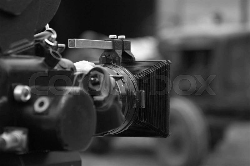 Black and White Image of Vintage Movie Camera, stock photo