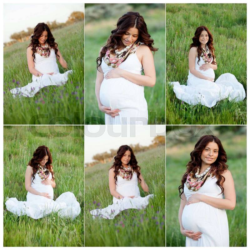 Sequence of photos of a pregnant woman relaxing in the countryside, stock photo