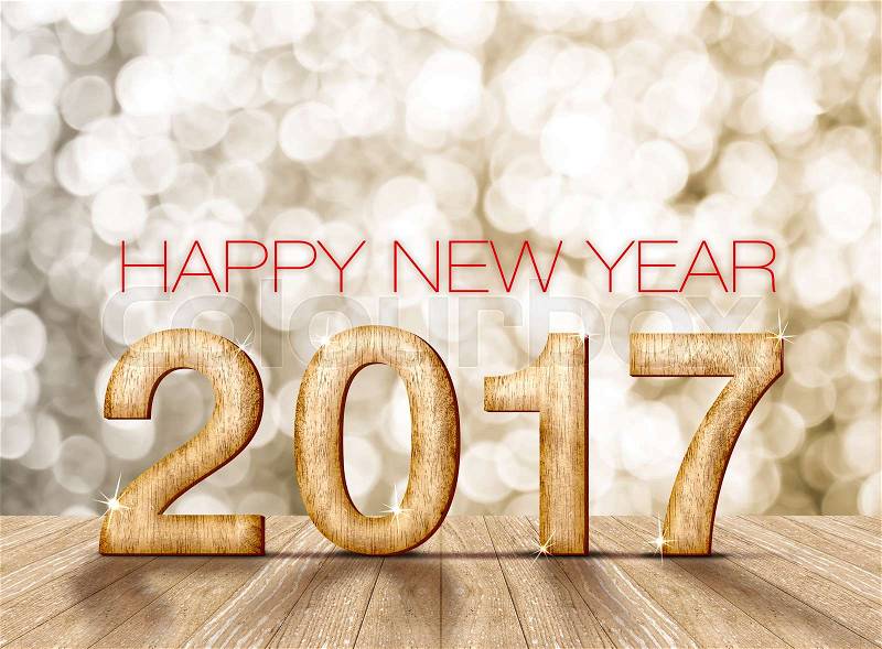 Happy new year 2017 wood number in perspective room with sparkling gold bokeh light and wooden plank floor, stock photo