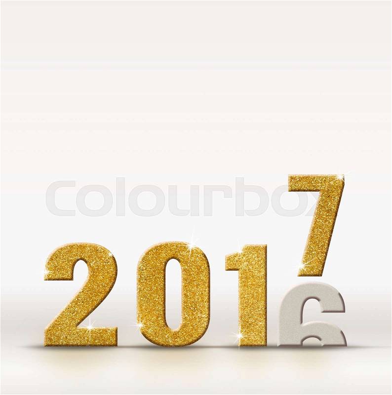 2017 new year golden sparkling glitter number change from 2016 year on white studio room background, resolutions for new year, stock photo