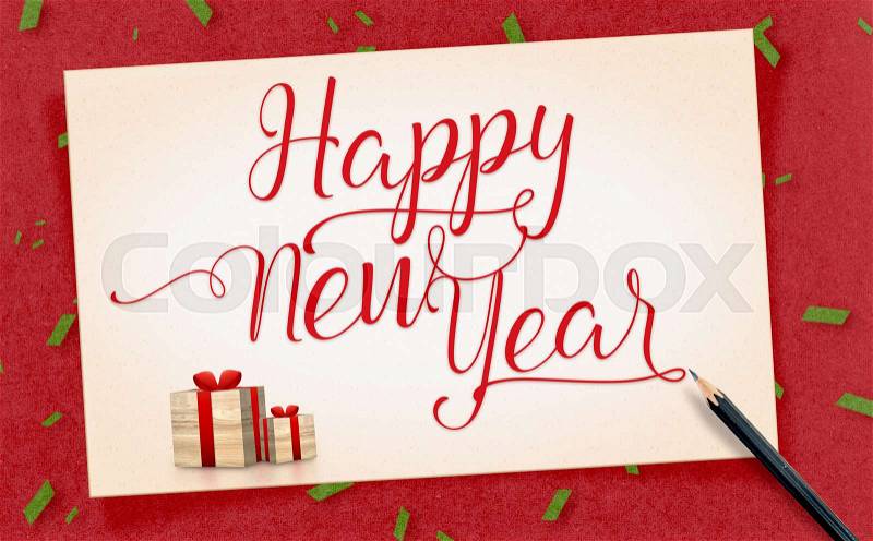 Happy new year word on old vintage paper craft with present and pencil with green confetti on red craft paper,Holiday Greeting card, stock photo