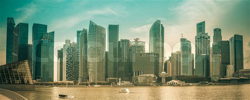 Singapore city skyline of business district downtown in daytime. Vintage tone, stock photo