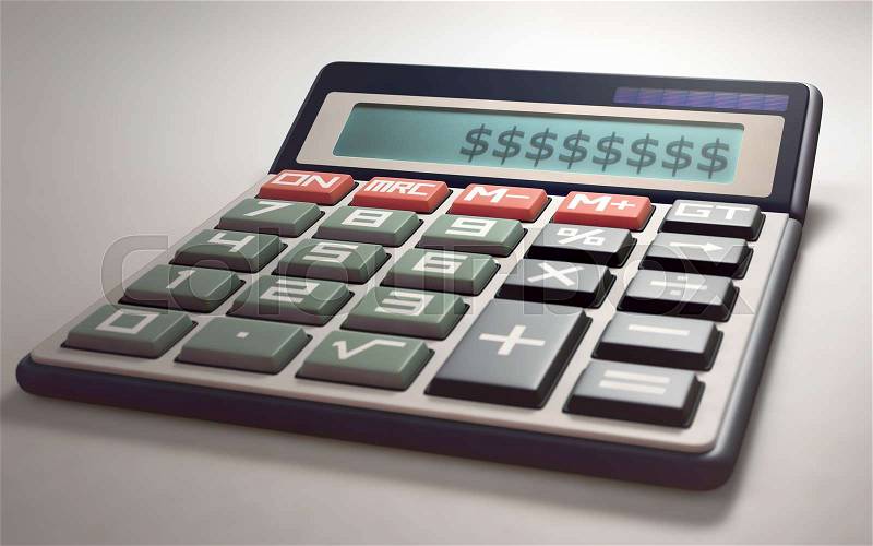 Solar calculator showing on the digital display, several money sign. 3D illustration with several concepts related to the gain and loss of money, stock photo