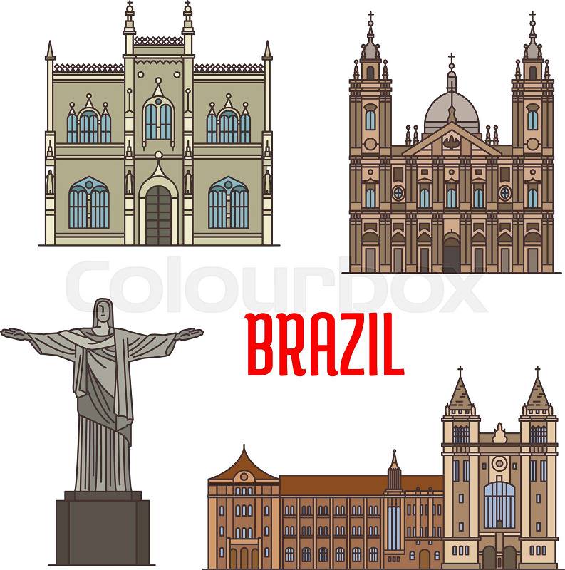 Tourist attraction architecture landmarks in Brazil. Christ the Redeemer statue, Portuguese Royal Public Library, Sao Bento Monastery, Candelaria Church detailed facade icons for travel, vacation design elements, vector