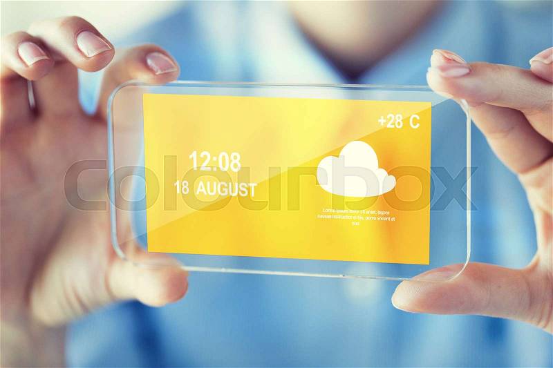 Business, technology, weather cast and people concept - close up of woman hand holding and showing transparent with summer day forecast screen smartphone at office, stock photo