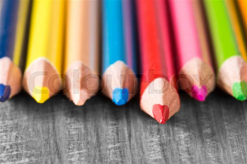 Close up view set of colored pencils.Very shallow DOF, stock photo