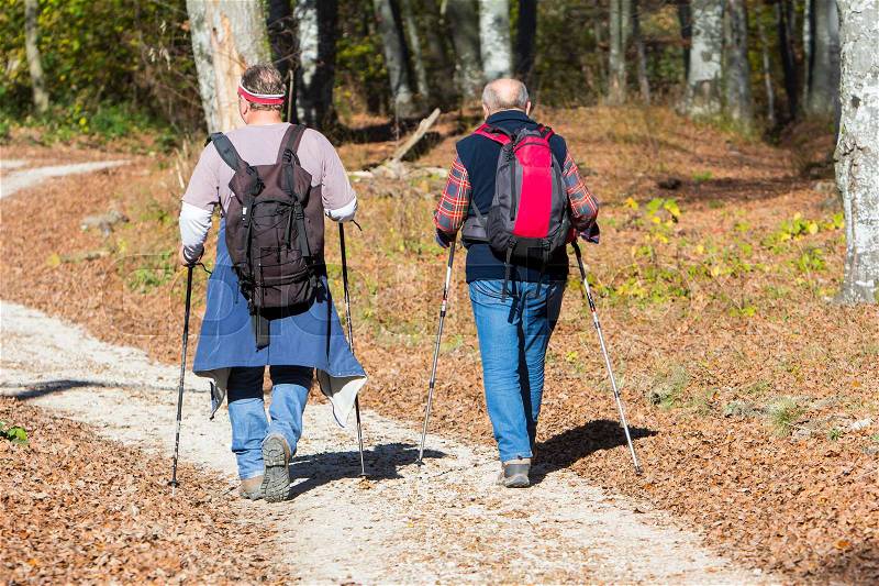 Two older men walking by hiking trail , stock photo