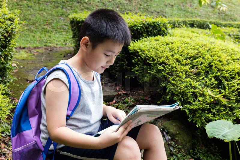 Asian Chinese little boy holding map sitting on the rock in the forest, stock photo