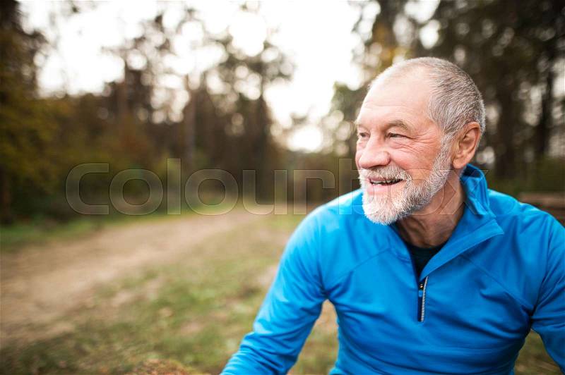 Close up of senior runner in nature. Man in blue sweatshirt, resting, smiling, stock photo