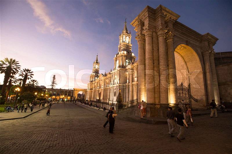 AREQUIPA PERU NOVEMBER 9: Main square of Arequipa with church on november 9 2015 in Arequipa Peru. Arequipa\'s Plaza de Armas is one of the most beautiful in Peru, stock photo