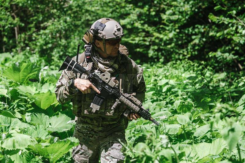 United states army ranger in the forest, stock photo