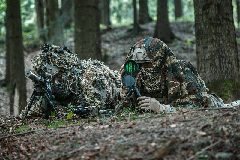 United states army rangers sniper pair in the forest, stock photo
