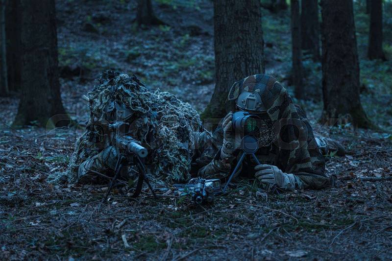 United states army rangers sniper pair in the forest, stock photo