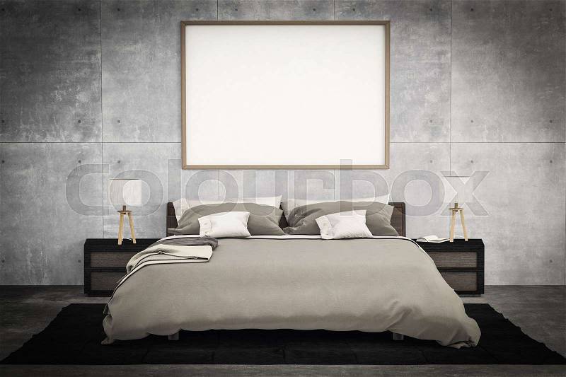 Creative front view mock up : bed room with painting canvas on the wall loft style, stock photo