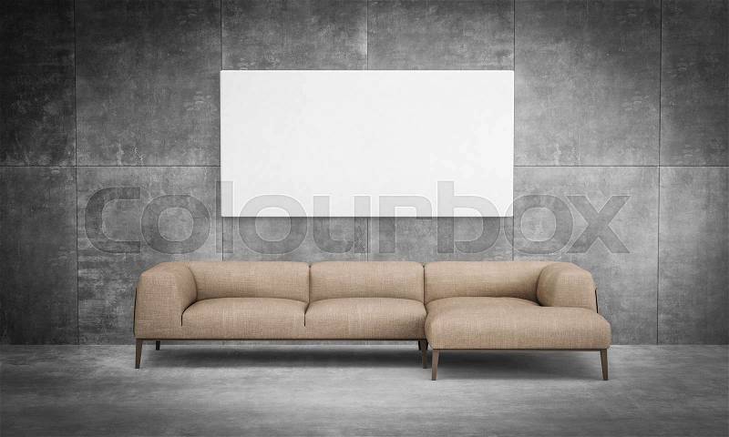 Creative front view mock up : liveing room sofa with painting canvas on the wall loft style, stock photo
