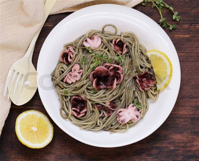 Delicacy black pasta with black cuttlefish sauce, stock photo