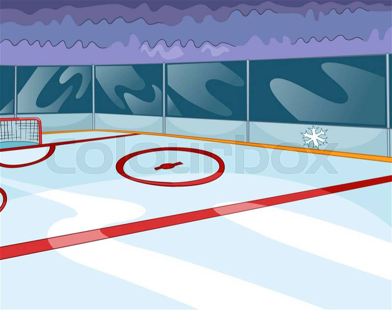 Hand drawn cartoon of sport stadium. Cartoon background of ice skating rink. Cartoon background of ice hockey rink. Background of empty hockey arena with hockey net. Cartoon of hockey stadium, stock photo