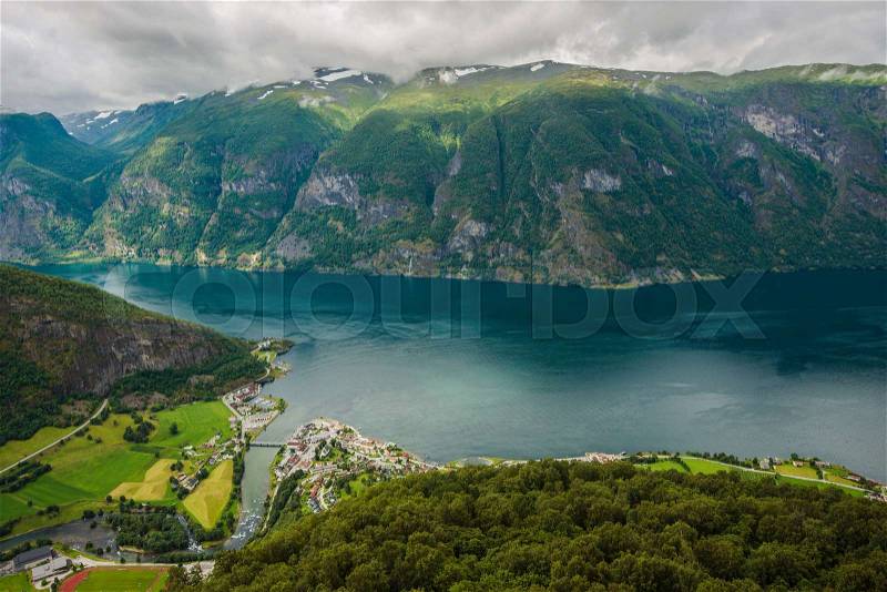 Scenic Norway Landscape. Norwegian Fjord and the City. Birds Eye View. Aerial Fjord Photo, stock photo