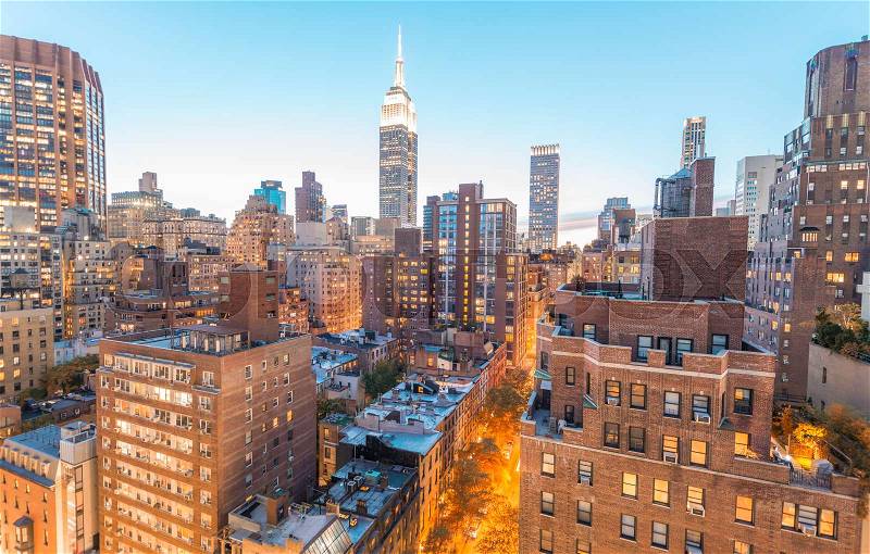 Sunset aerial view of Midtown Manhattan, New York CIty, stock photo