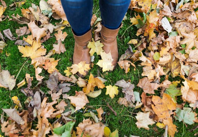 Season and people concept - female feet in boots with autumn leaves on ground, stock photo