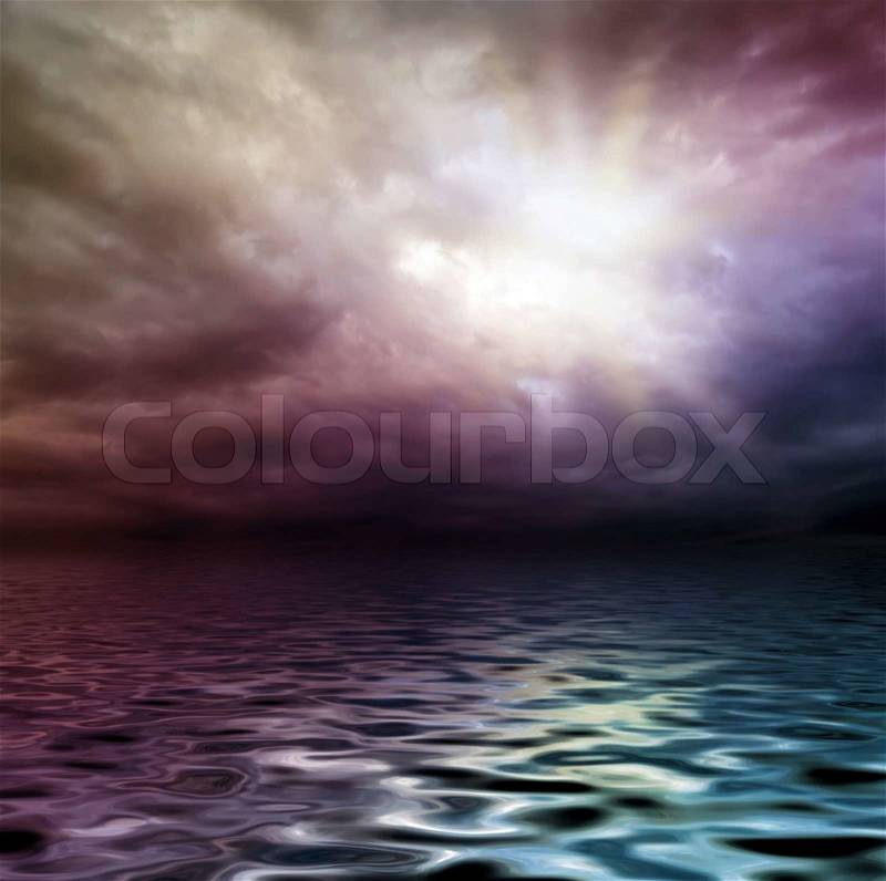 Dark storm sky over water surface with artistick shadows added, stock photo