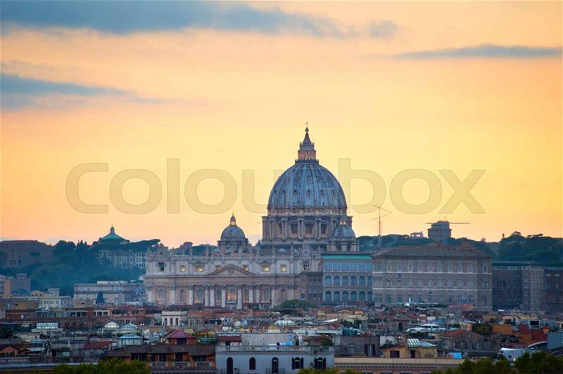 View of Rome at sunset with St Peter Cathedral. Italy , stock photo