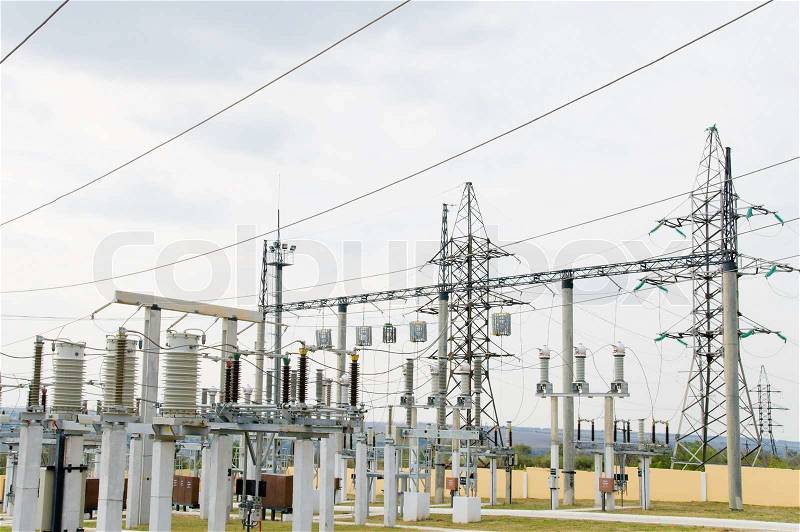 High-voltage substation with switch and breaker, stock photo