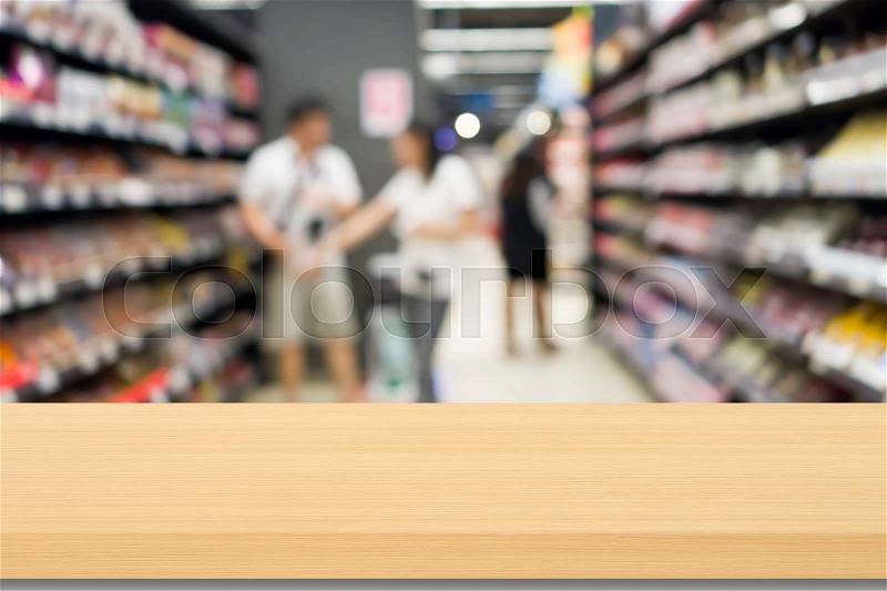 Empty wood and blur people shopping mall background can be used for product display template, stock photo