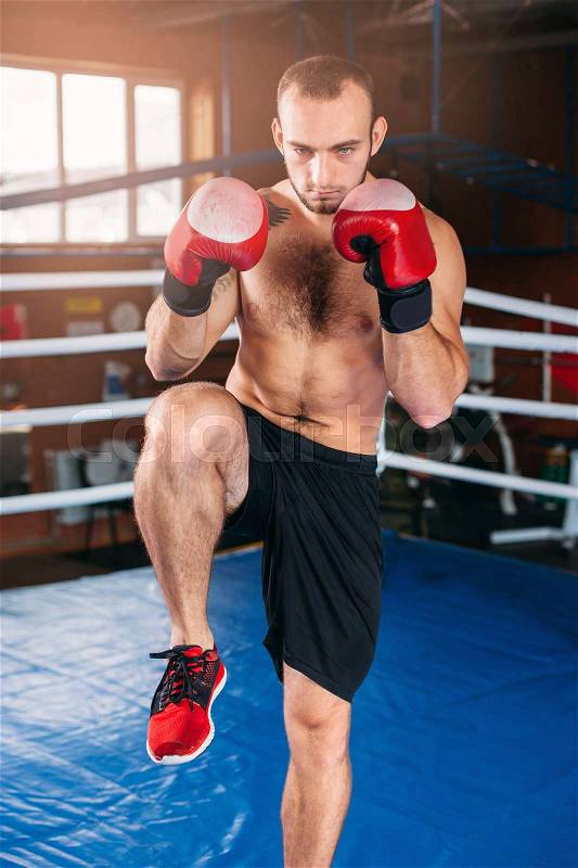 Muscular man boxing in gym befor fighting. Fighting ring on the background, stock photo