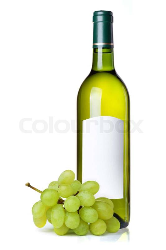 Stock image of 'White wine in green bottle with blank label and grapes ...