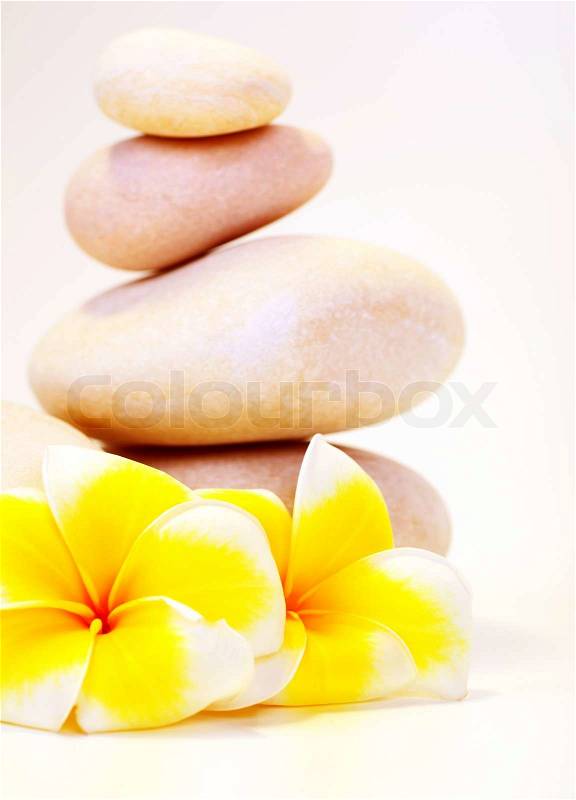 Spa stones & flowers isolated on white background, concept of vacation, relaxation, meditation & healthy balanced lifestyle, stock photo