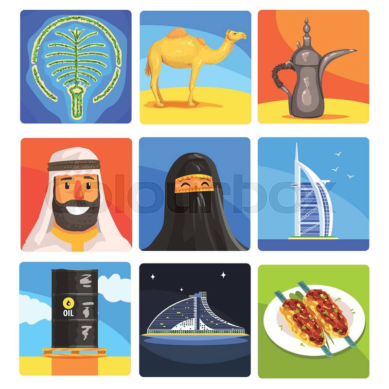 Famous Touristic Attractions To See In United Arab Emirates. Traditional Tourism Symbols Of Arabic Country Including Food, Architecture And Religious Habits. Set Of Colorful Vector Illustrations With Travelling Destination Well-Known Objects, vector