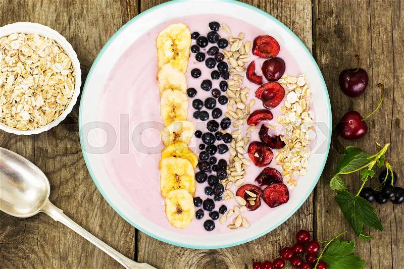 Smoothie with Blueberries, Chia Seeds on Brown Boards Studio Photo, stock photo
