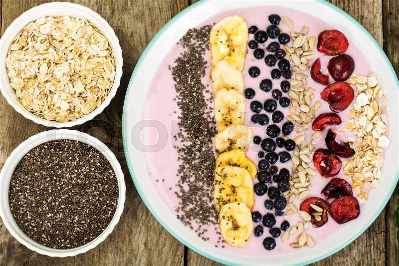 Smoothie with Blueberries, Chia Seeds on Brown Boards Studio Photo, stock photo