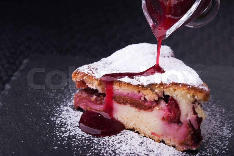 Juicy piece of cherry pie cake. restaurant sweet food, stock photo