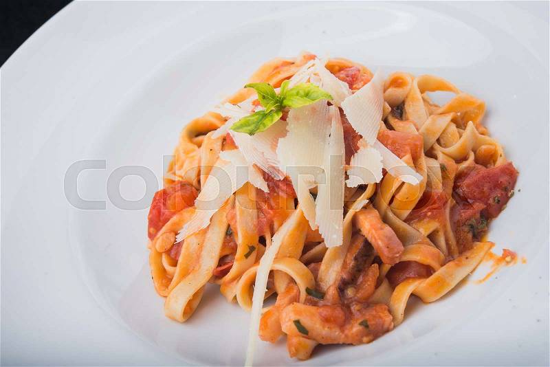 Italian pasta with meat, tomato and cheese. restaurant food background, stock photo