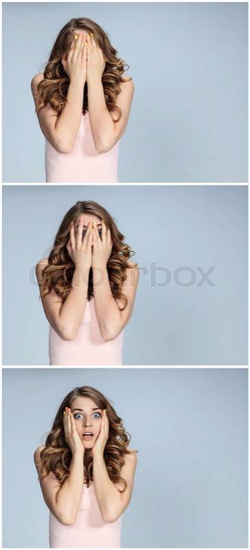 Portrait of young woman with shocked facial expression. girl covering face with hands. collage, stock photo