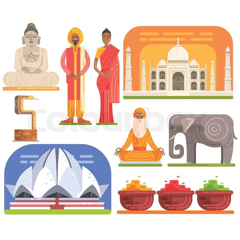 Famous Touristic Attractions To See In India. Traditional Tourism Symbols Of Indian Culture Including Clothing, Architecture And Religious Habits. Set Of Colorful Vector Illustrations With Travelling Destination Well-Known Objects, vector