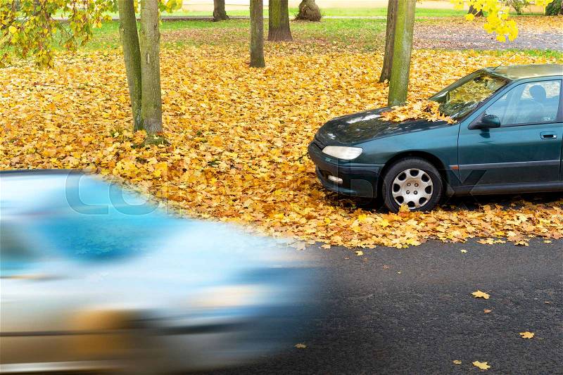 Car parked in the park in the autumn, stock photo