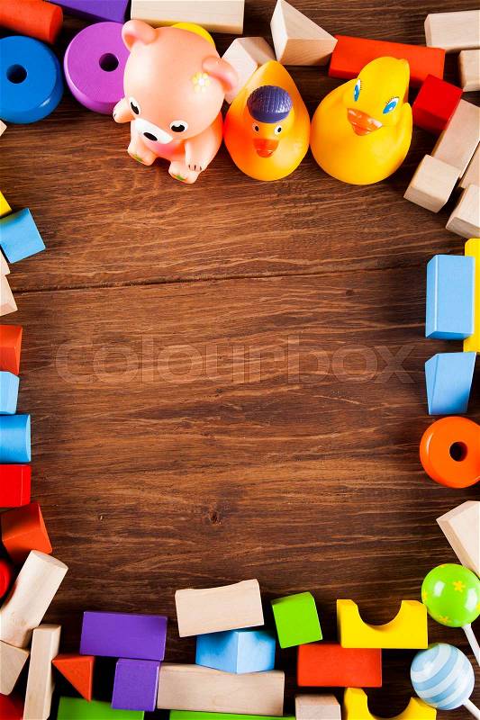 Frame, Set of children toys, Wooden background, stock photo