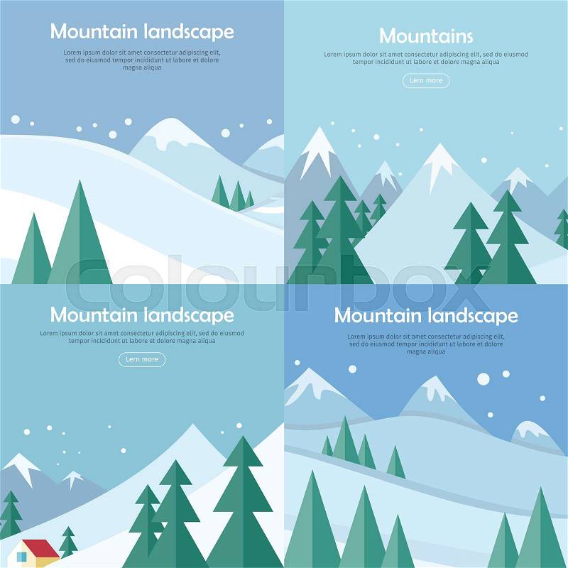 Mountains landscape banners set. Mountaineering mountain climbing Alpinism concept. Extreme hills in snowy high mountains. Sport season winter holiday resort. Blue sky and crystal white snow. Vector, vector