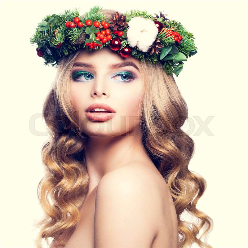Christmas or New Year Model Woman. Cute Face, Blonde Hairsyle and Makeup, stock photo
