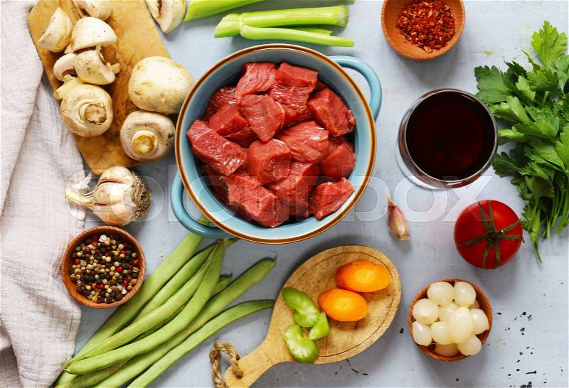 Food ingredients - meat, vegetables and spices, stock photo