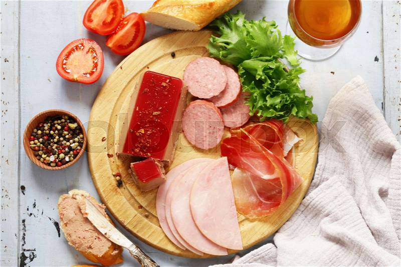 Assorted deli meats - ham, salami, parma, prosciutto, pate, stock photo